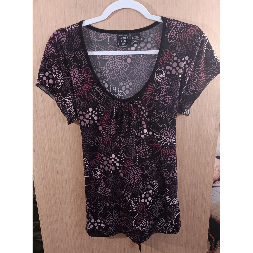 Suzie In The Closet M Cap Sleeve Blouse Bubble Floral Pattern Waist Sash